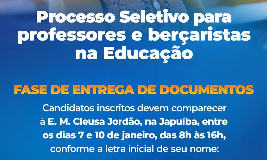 Entrega de documentos do processo seletivo da educação será por ordem alfabética